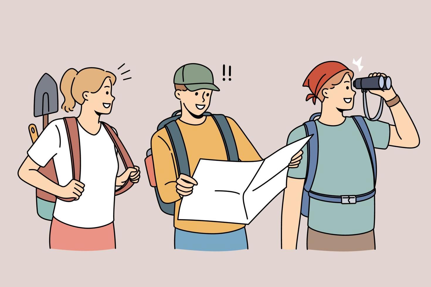 Happy archeologists with tools and map ready for treasure or historic artifact hunting. Smiling diverse researchers or historians with archeological equipment. Flat vector illustration.