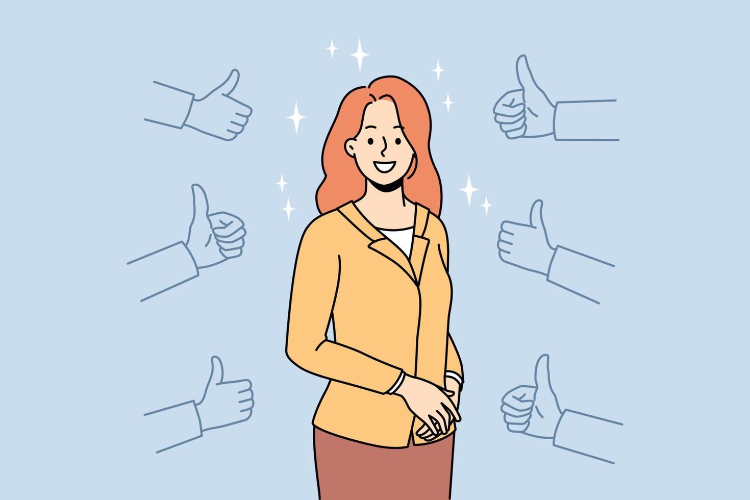 Number of hands showing thumbs up to happy successful businesswoman. Smiling woman employee get recognition and acknowledgement by colleagues. Good feedback. Vector illustration.