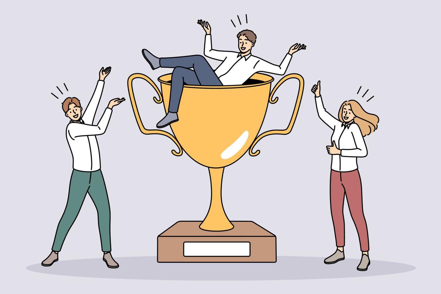 Overjoyed team with huge golden trophy celebrate shared business win or success. Happy businesspeople with award rejoice triumph with career accomplishment. Teamwork. Vector illustration.