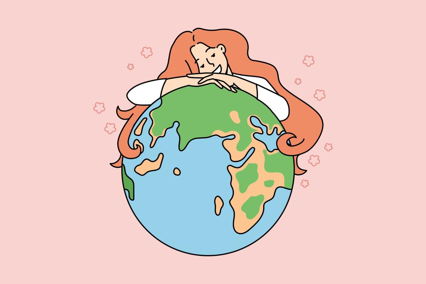 mujer joven sonriente abrazo planeta tierra mostrar amor y cuidado a la naturaleza. niña feliz abrazo globo demostrar protección y seguridad del medio ambiente. conciencia ecológica. ilustración vectorial plana. vector