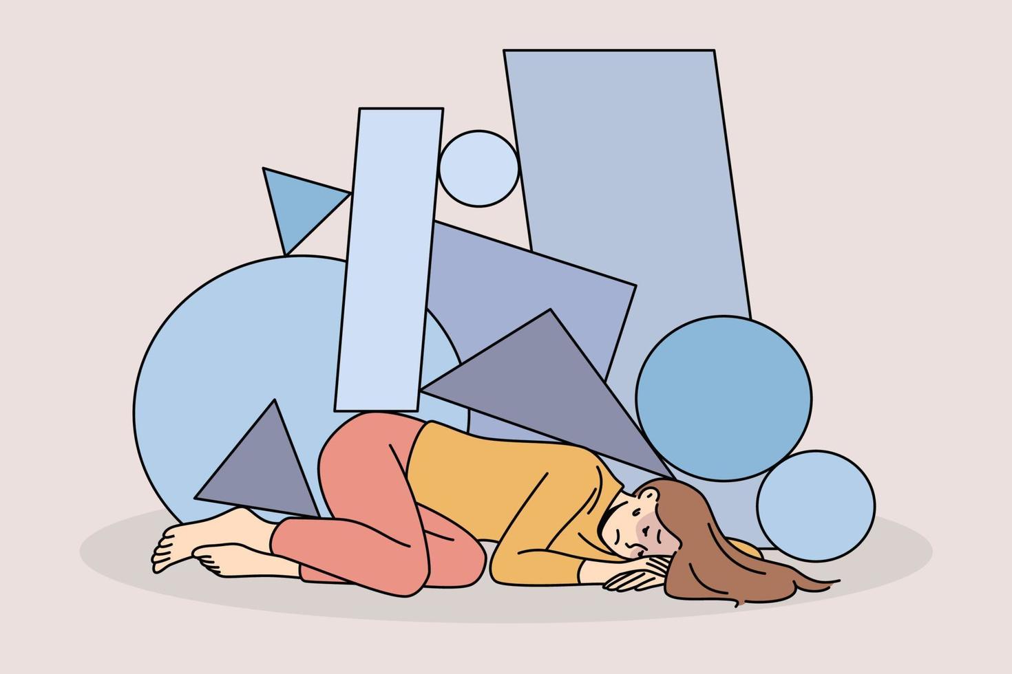 Unhappy stressed young woman immobile under life troubles burden. Upset girl distressed with psychological or mental problems. Depression and stress concept. Vector illustration.