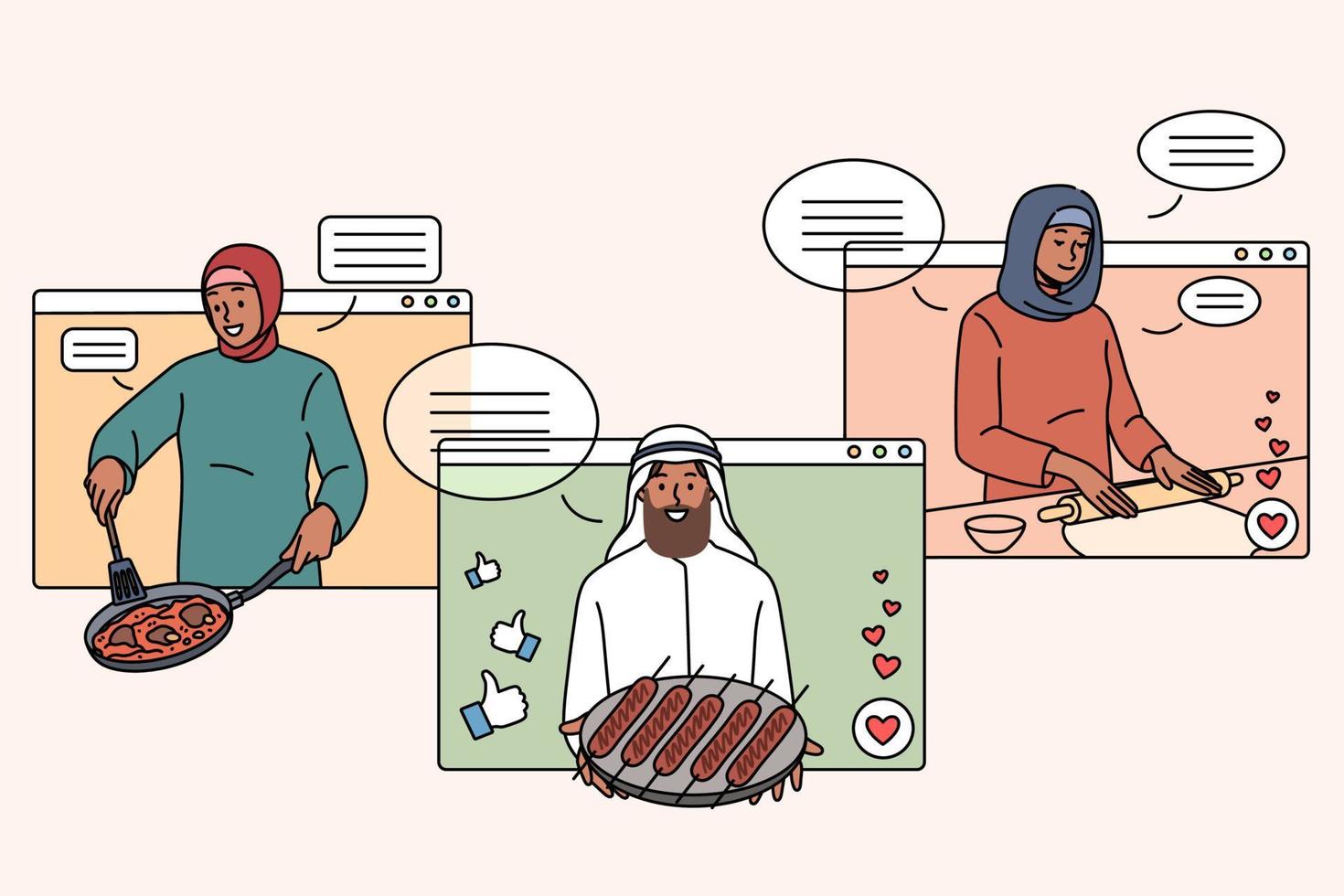 Set of diverse Arabic food bloggers on screen cooking tasty dishes on internet. Collection of arab influencers prepare traditional national meal, have class on web. Flat vector illustration.