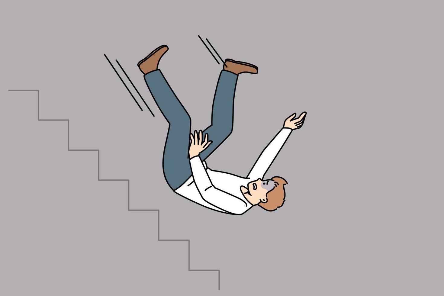 el hombre infeliz se cae por las escaleras de la carrera sufre una crisis laboral en la vida. fracaso de un hombre de negocios angustiado o problema de negocios. quiebra financiera y pérdida. ilustración vectorial plana. vector
