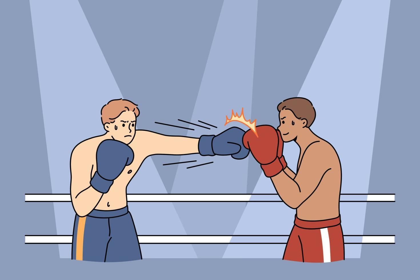 Male boxers in gloves fight at squared ring. Strong powerful sportsmen or fighter compete punching at Muay Thai boxing competition. Combat sport concept. Flat vector illustration.