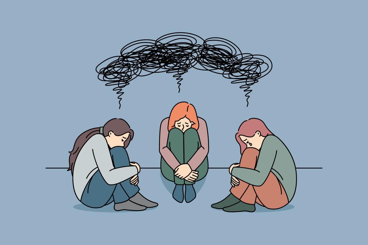 Unhappy women feel stressed sad suffer from mental or psychological problems. Upset desperate girls struggle with depression need psychotherapy or counseling. Vector illustration.