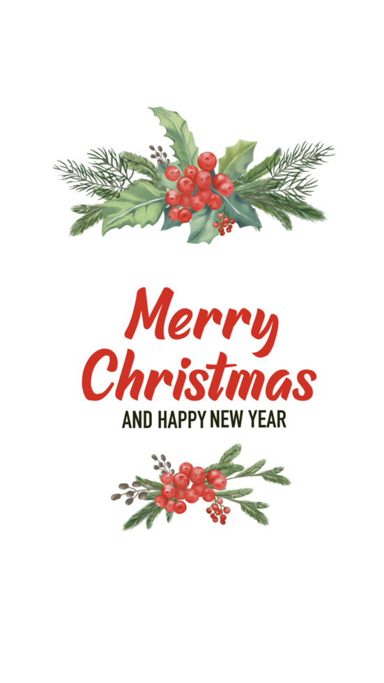 Christmas and New Year template or wallpaper,  watercolor red berries and winter leaves and plant. png