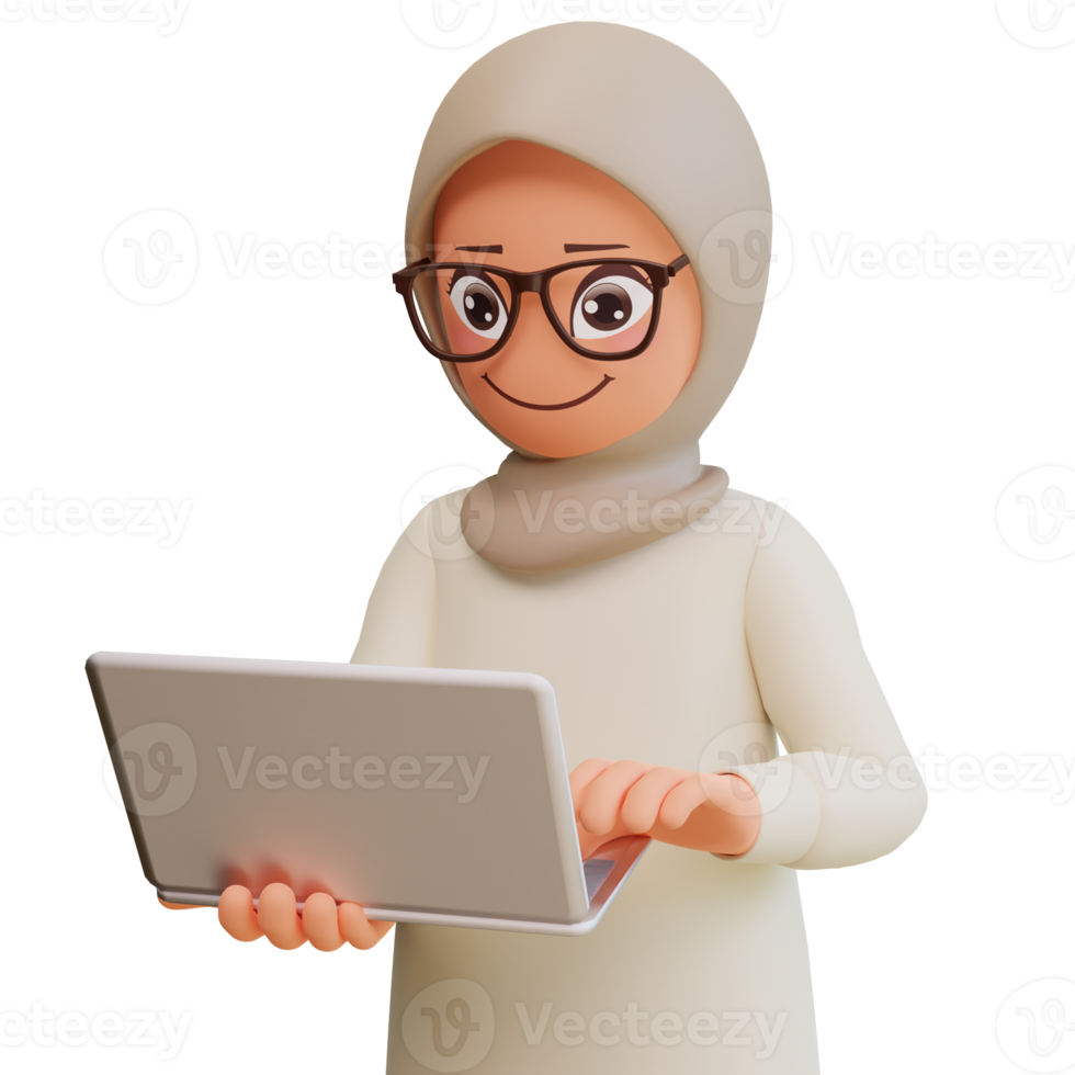 Young muslim woman holding laptop 3d cartoon illustration png