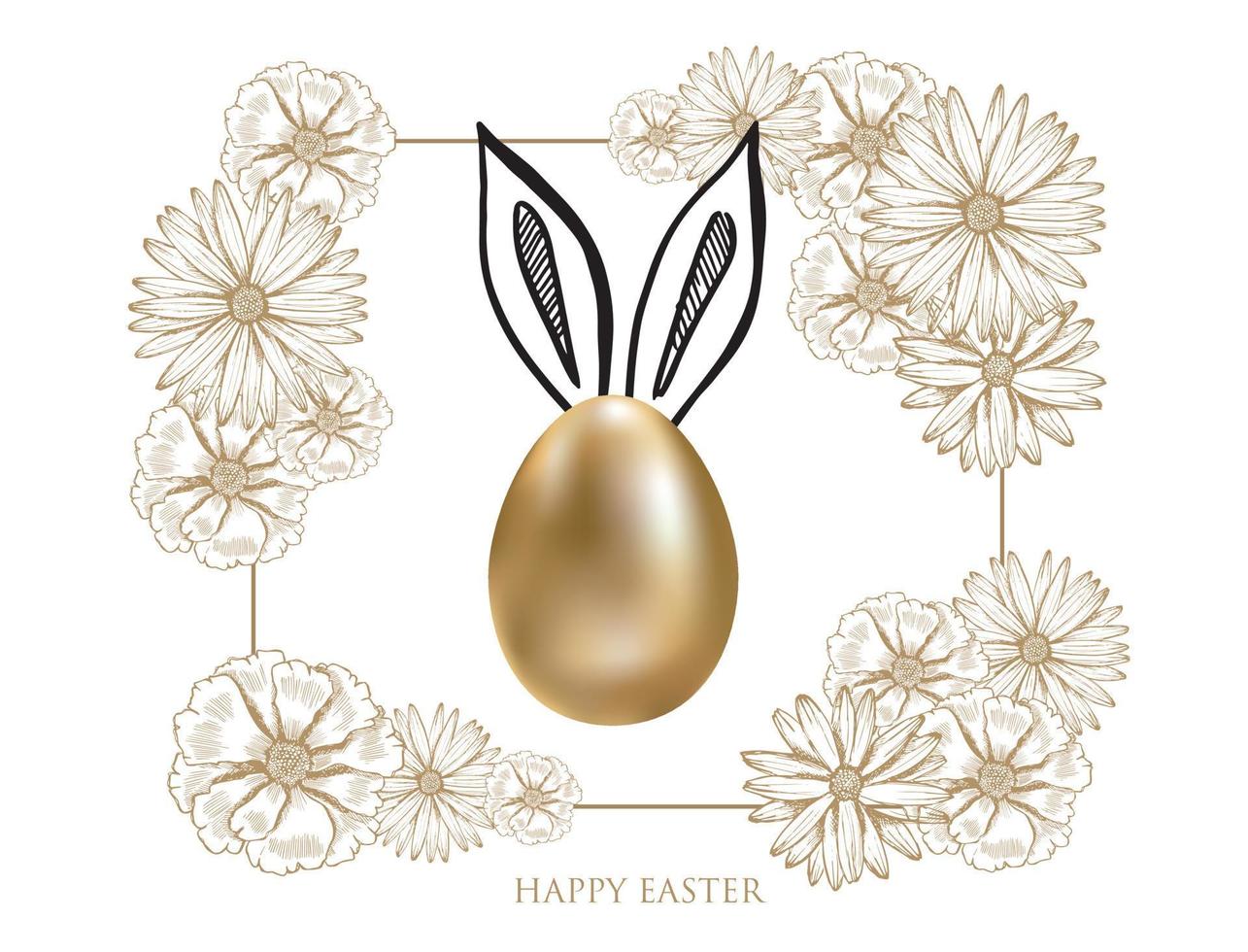 Happy Easter. Rabbits's ears. Gold eggs. Hand drawn illustration. vector