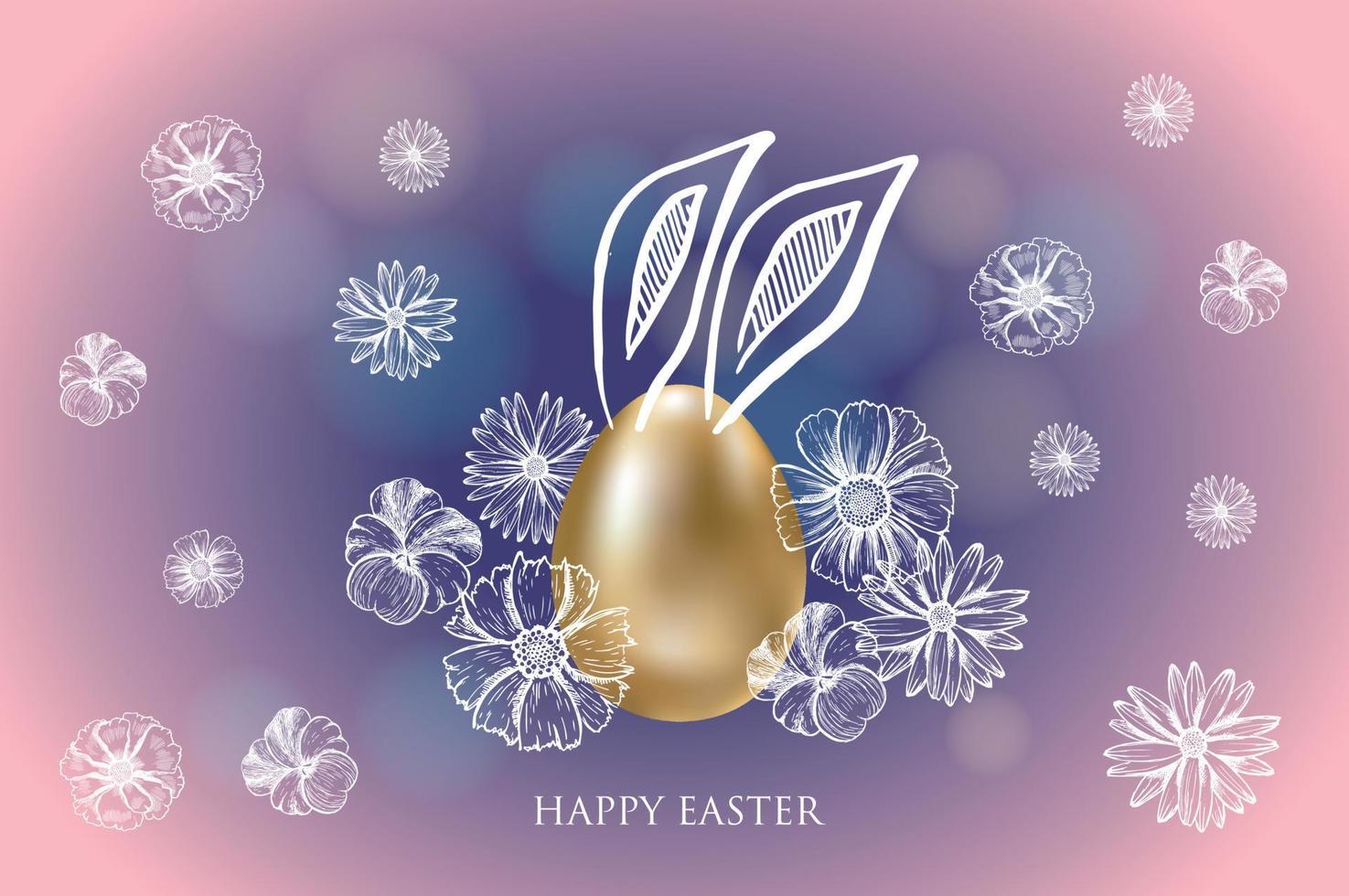 Happy Easter. Rabbits's ears. Gold eggs. Hand drawn illustration. vector