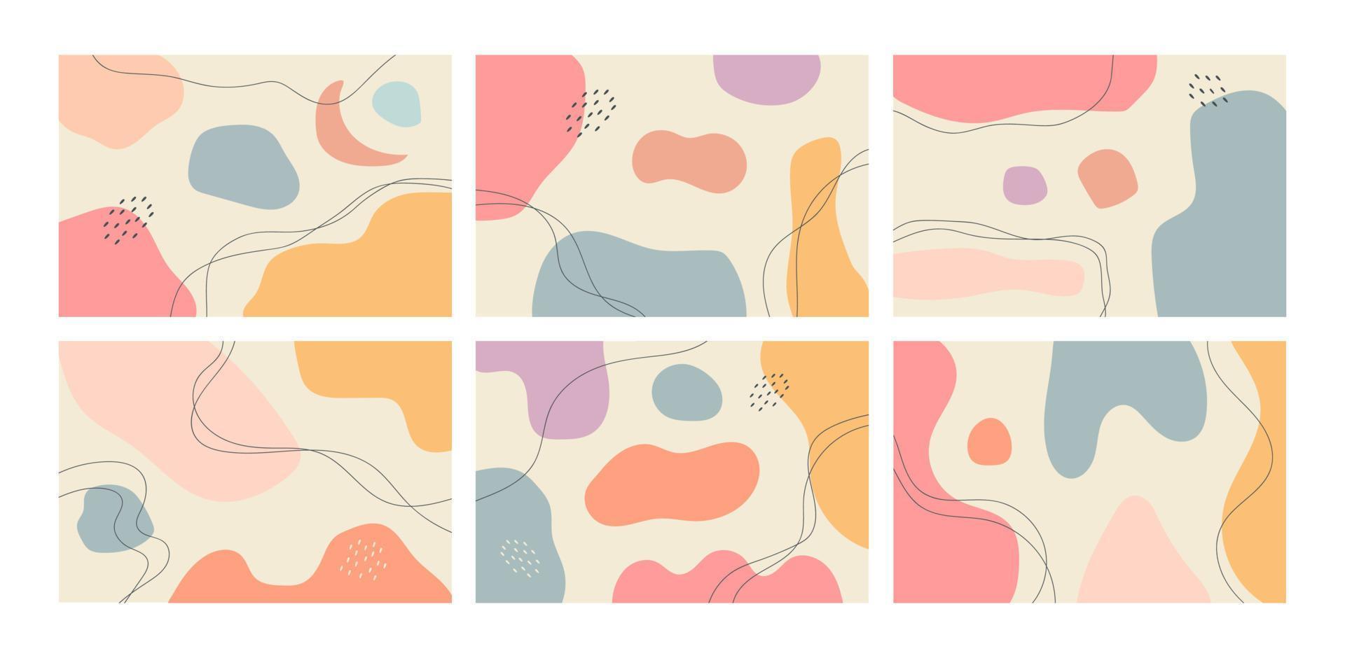 A collection of abstract backgrounds. Hand drawing various shapes and doodle objects. Trendy modern contemporary vector illustration. Every background is isolated. Pastel color