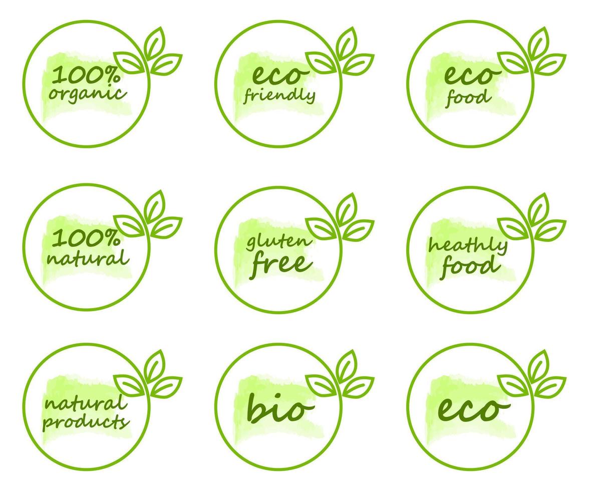 Eco, healthy, natural, organic stickers, labels, banners. Set of stickers, labels, banners about healthy eating, eco products and vegans. Vector stock illustration.