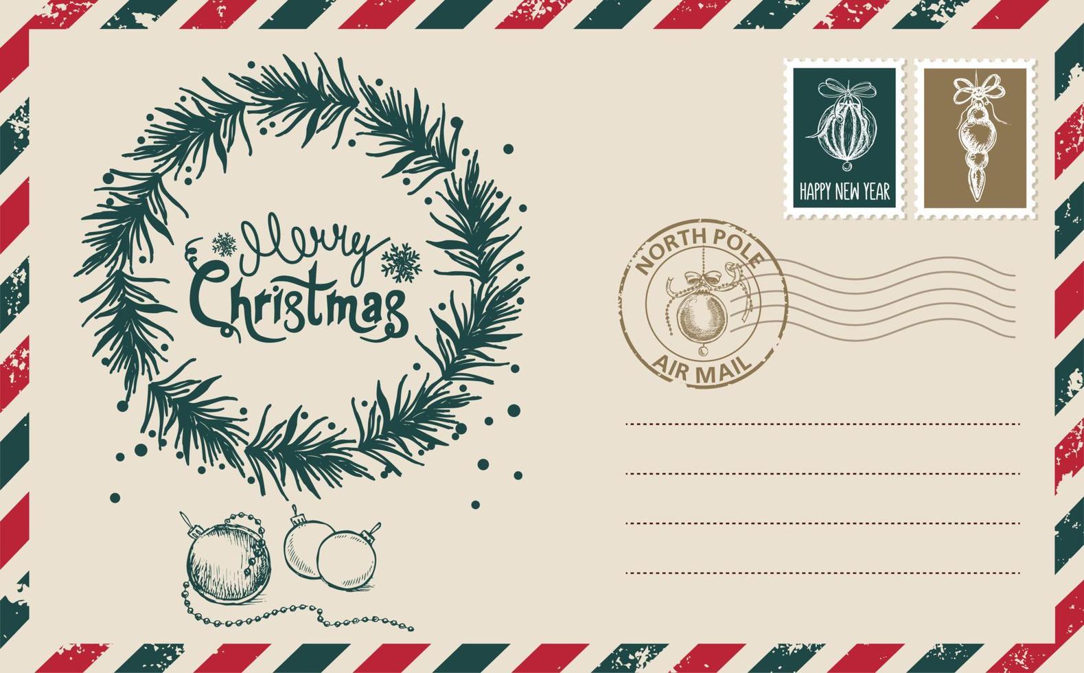 correo de navidad, postal, ilustración dibujada a mano. vector