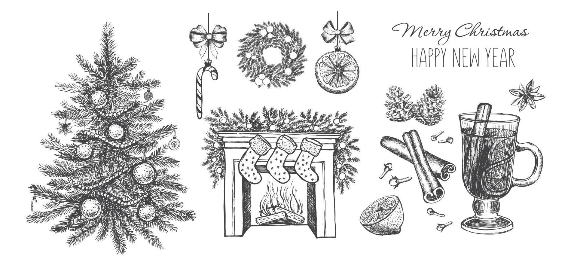 Christmas tree, toys, hand drawn style, vector illustration