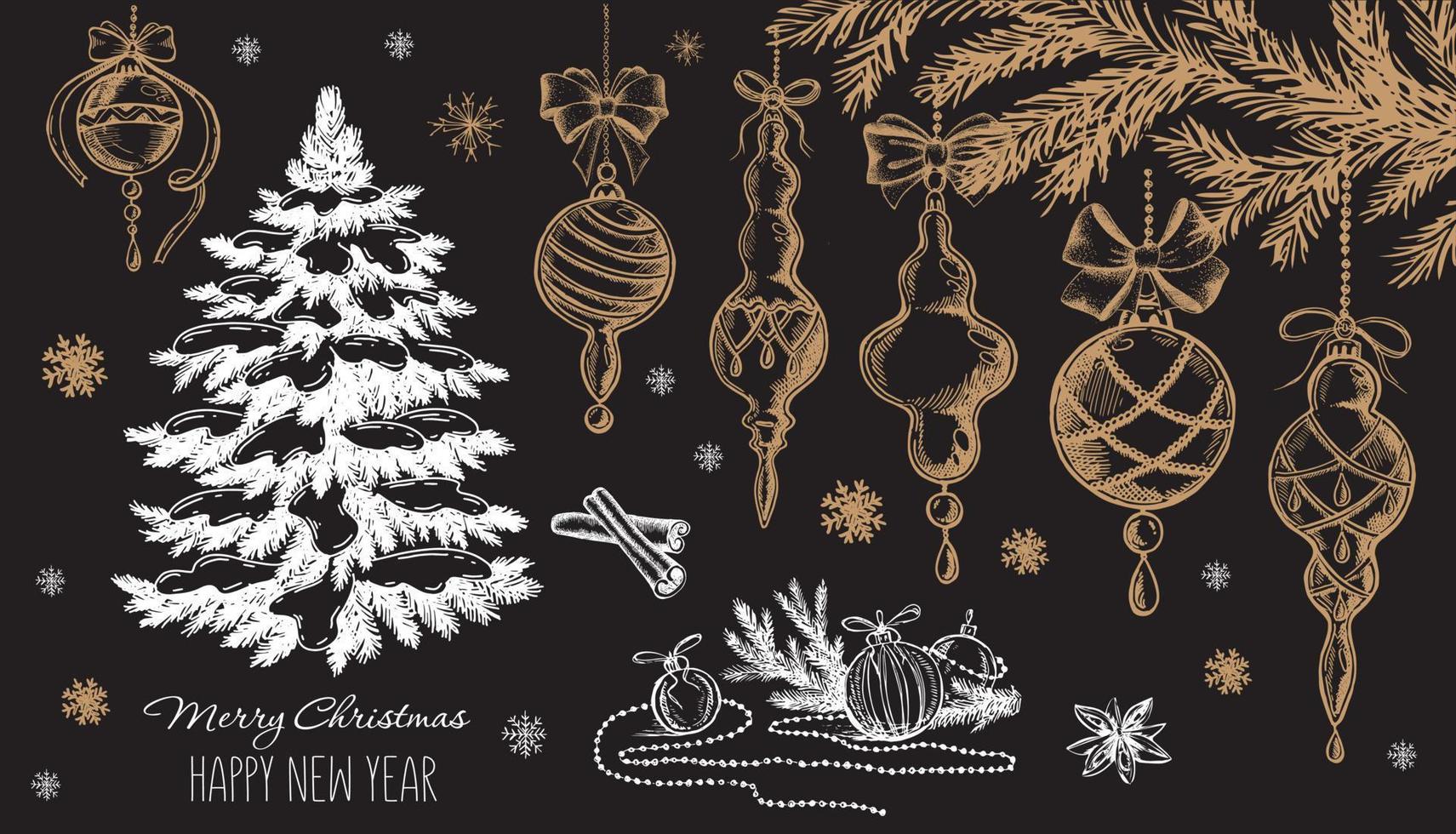 Christmas tree, toys, hand drawn style, vector illustration