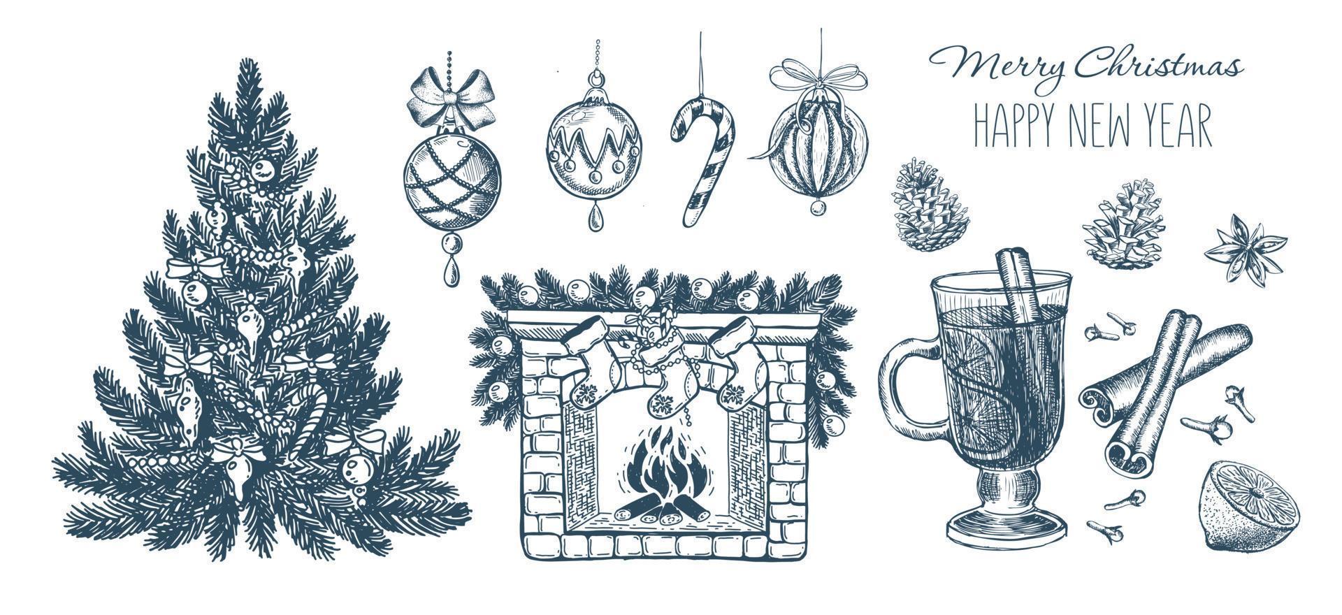 árbol de navidad, juguetes, estilo dibujado a mano, ilustración vectorial vector