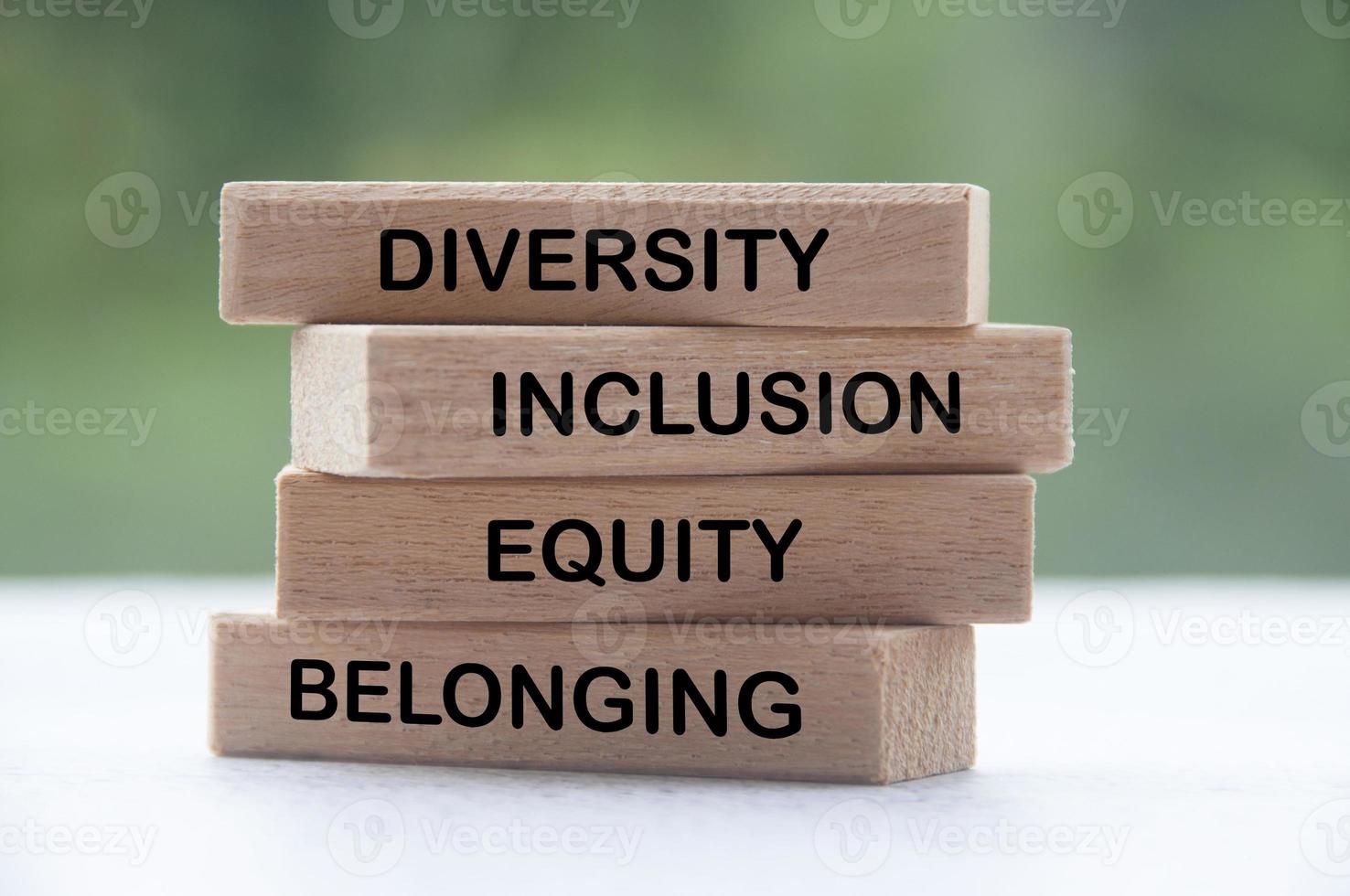 Wooden blocks with text - Diversity, inclusion, equity and belonging with blurred nature background photo