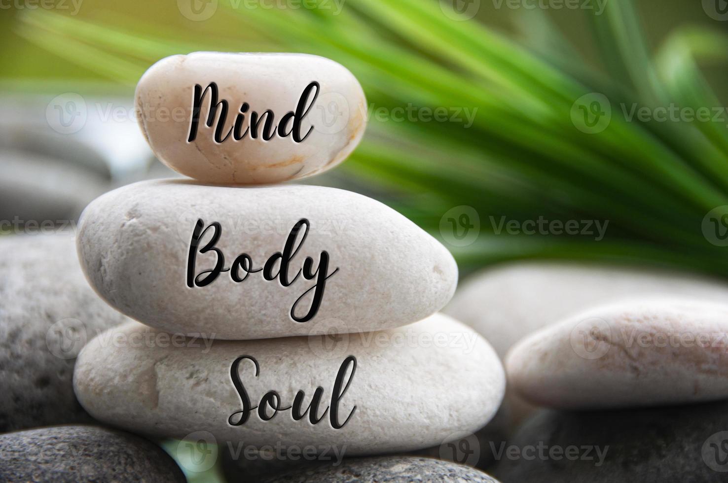 Mind, Body and Soul words engraved on zen stones with space for text. Copy space and zen concept photo