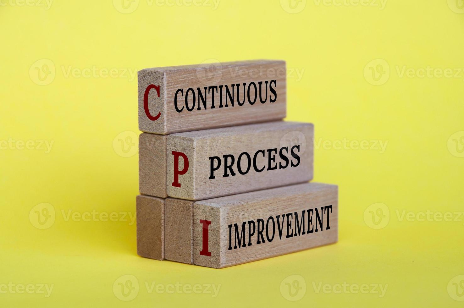 Continuous process improvement text on wooden blocks with yellow background. Business improvement and process standardization. photo