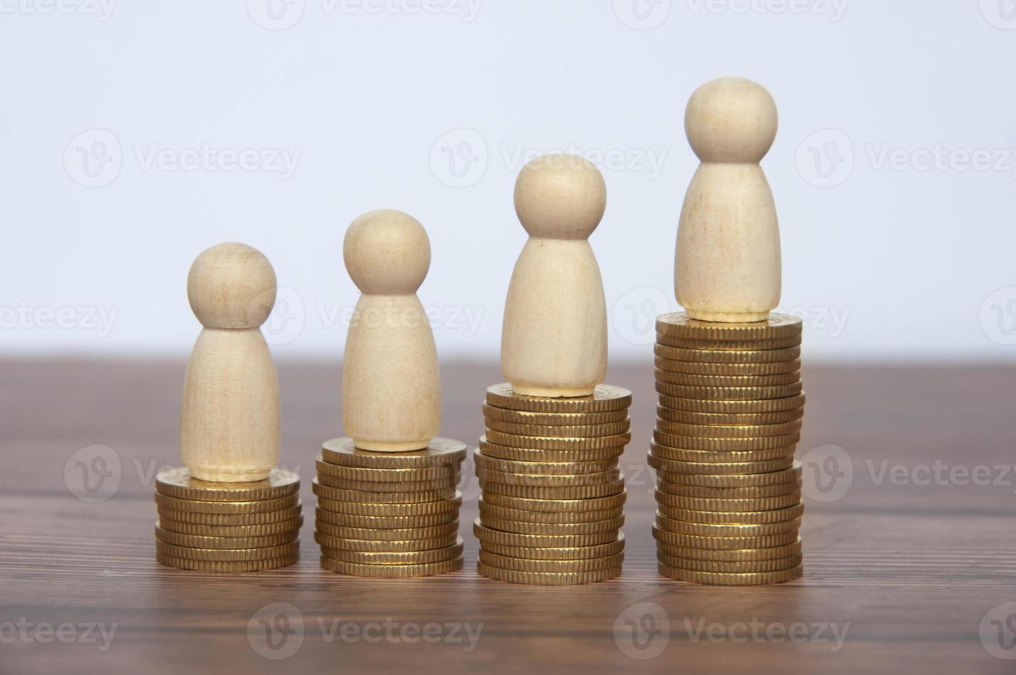 Wooden people figure on top of gold coins. Goal achievement, business growth and career progression. Copy space. photo