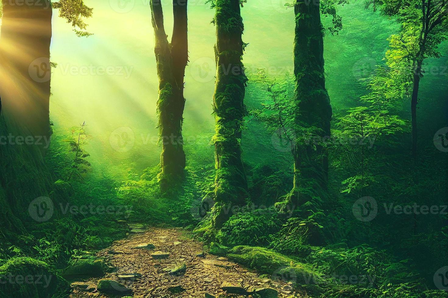 Morning View of a Tropical Forest with beautiful sun rays photo