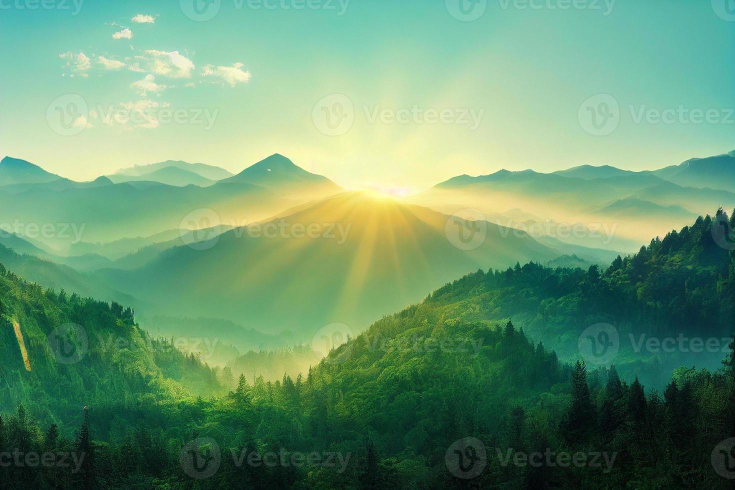 Beautiful fresh view of mountains in a morning sunlight photo