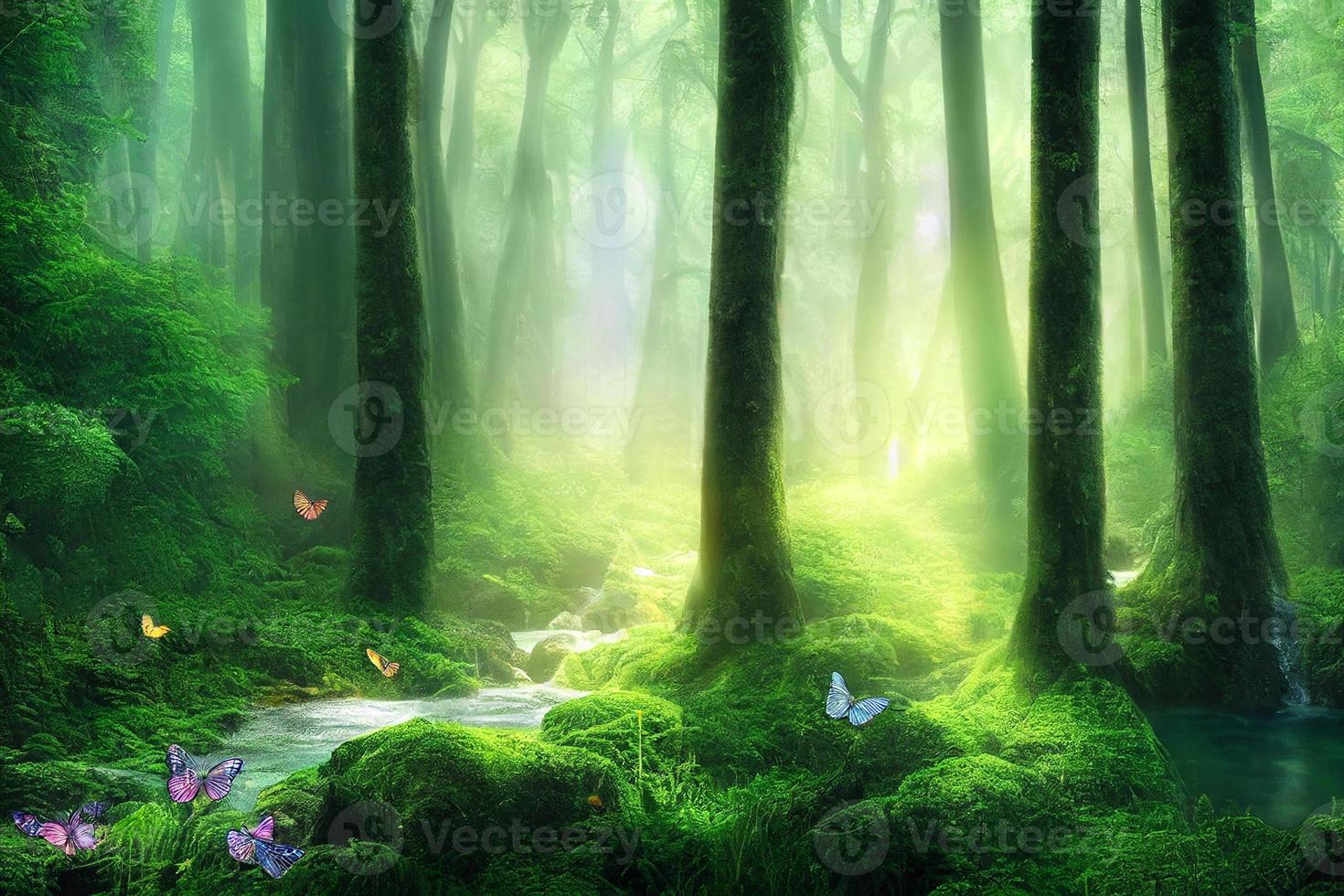 Fresh view of a forest and a waterfall with butterflies photo