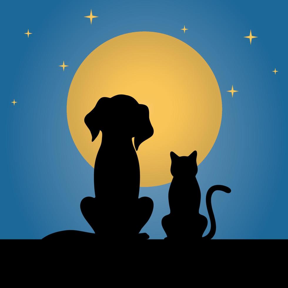 perro y gato en el fondo de la luna vector