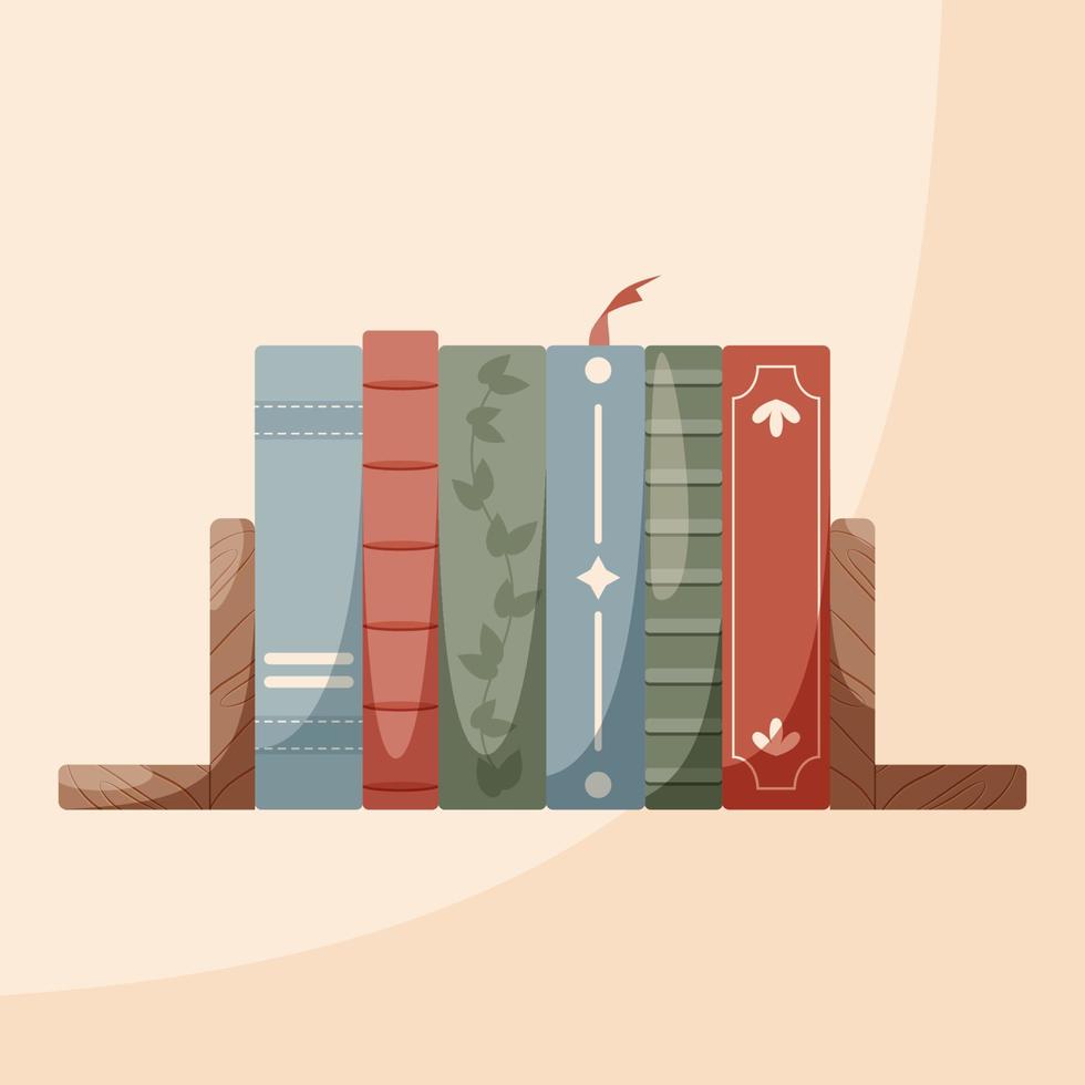 Book shelf. Different books with wooden stopper. Books stack Vector illustration in flat cartoon style.