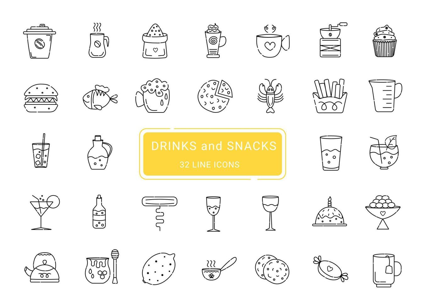 Drinks and snacks, 32 line vector icons