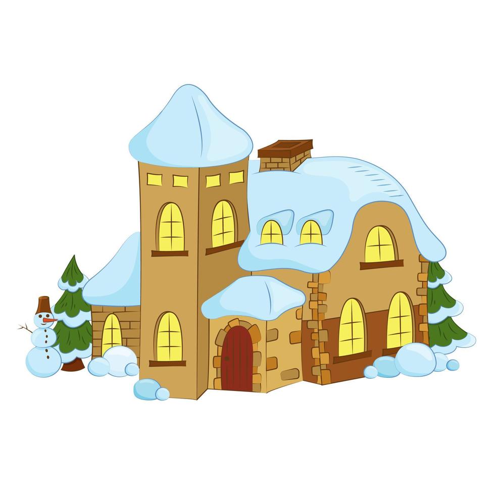 casa de dos pisos suburbana cubierta de nieve. castillo de invierno con torre y porche. ilustración vectorial en estilo plano de dibujos animados. vector