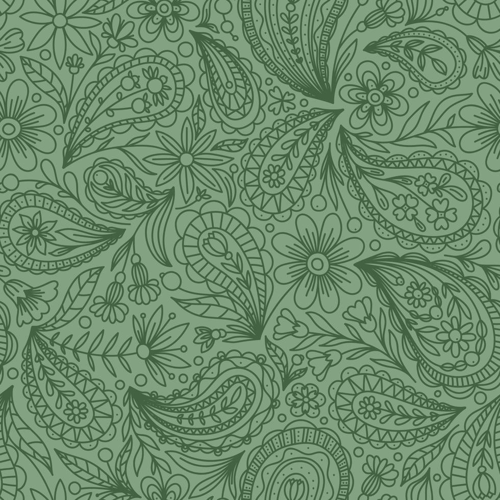 LIGHT GREEN VECTOR SEAMLESS BACKGROUND WITH GREEN PAISLEY CONTOUR PATTERN