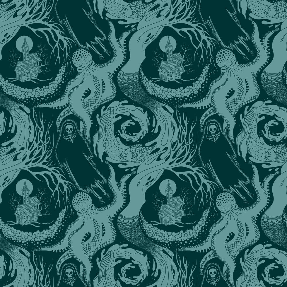 TURQUOISE AND BLUE VECTOR SEAMLESS PATTERN OF DIFFERENT PHANTASMAGORIC SCARY CREATURES OF THE ANIMAL AND AQUATIC WORLD