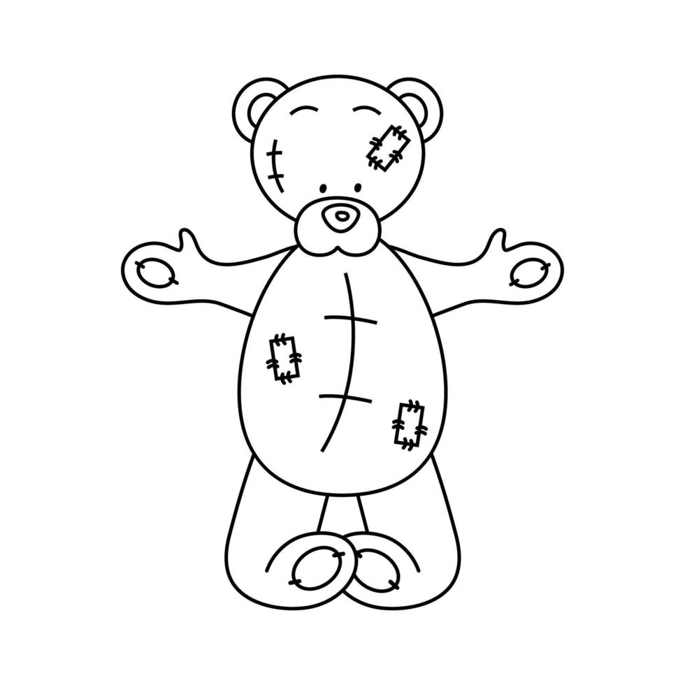 dibujo de contorno de un lindo oso de peluche con parches. vector