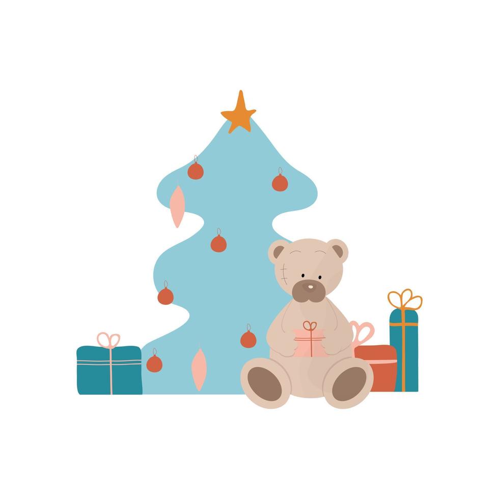 Cute teddy bear near the Christmas tree with gifts hand drawing. vector
