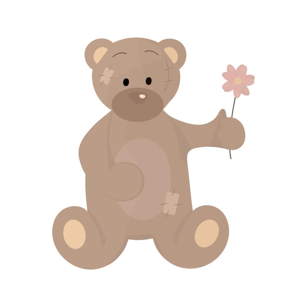 lindo oso de peluche con una flor en la pata. vector