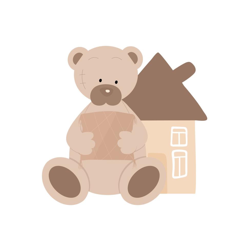 lindo oso de peluche con una almohada en sus patas cerca de la casa. tiempo de higiene vector