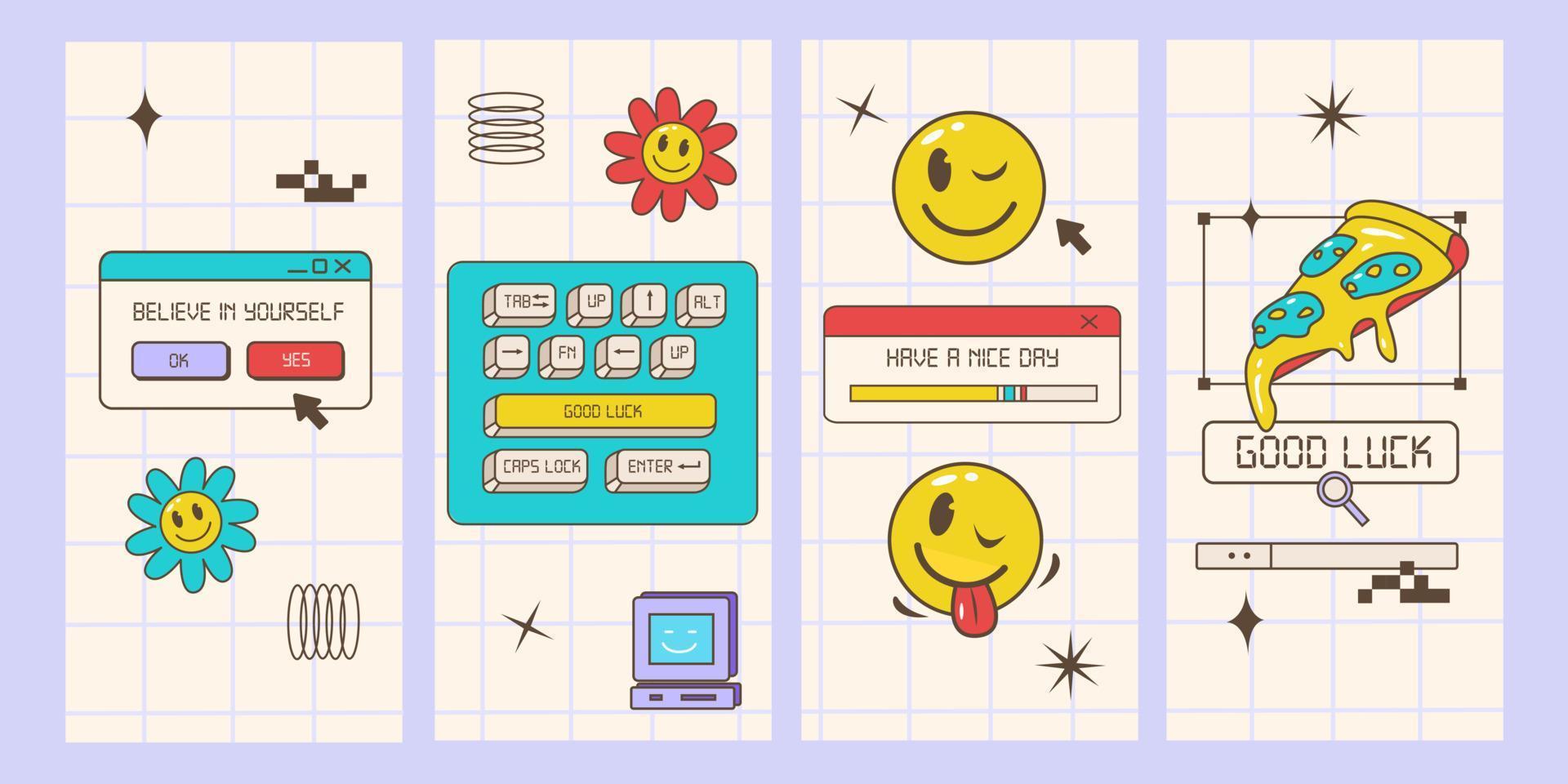 Retro browser computer window in 90s vaporwave style with smile face stickers for stories or a post template. Old pc user interface and the keyboard. Vector illustration