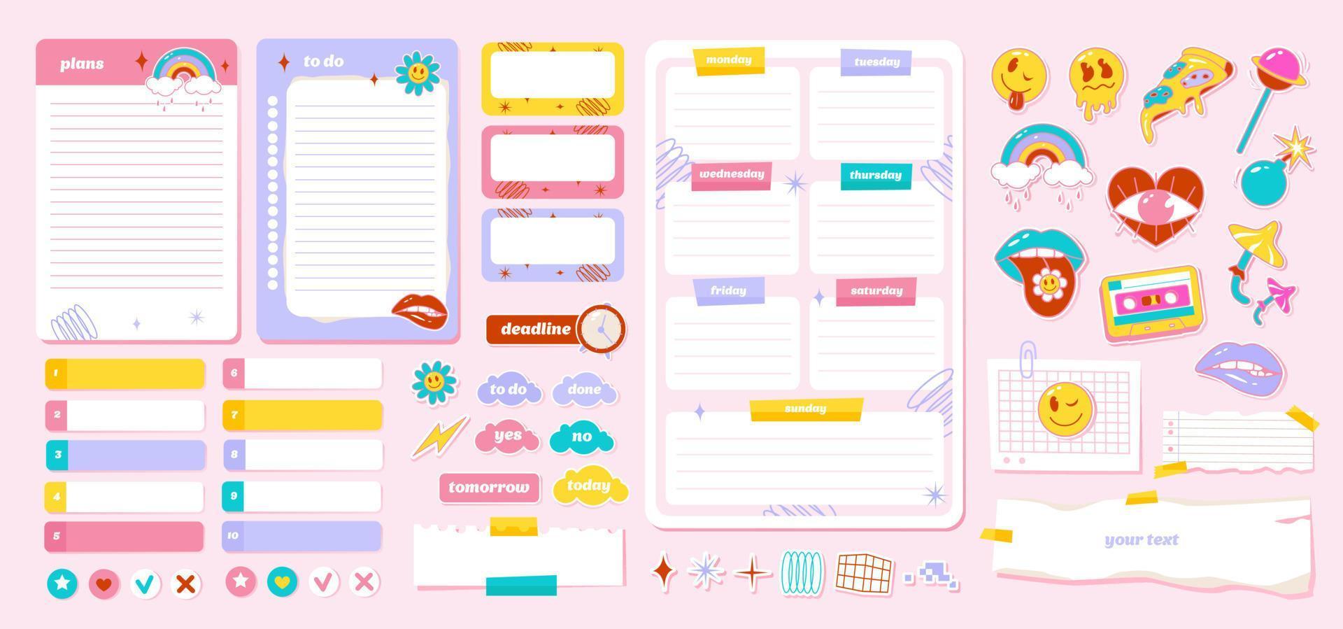 Planner with stickers and notebook label in vaporwave style of the 90s and Y2K style  elements. Vector illustration