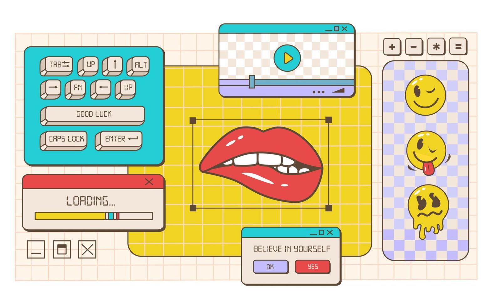 Retro browser computer window in 90s vaporwave style with smile face. Old pc user interface and the keyboard. Desktop PC with message windows and pop-up user interface elements. Vector illustration