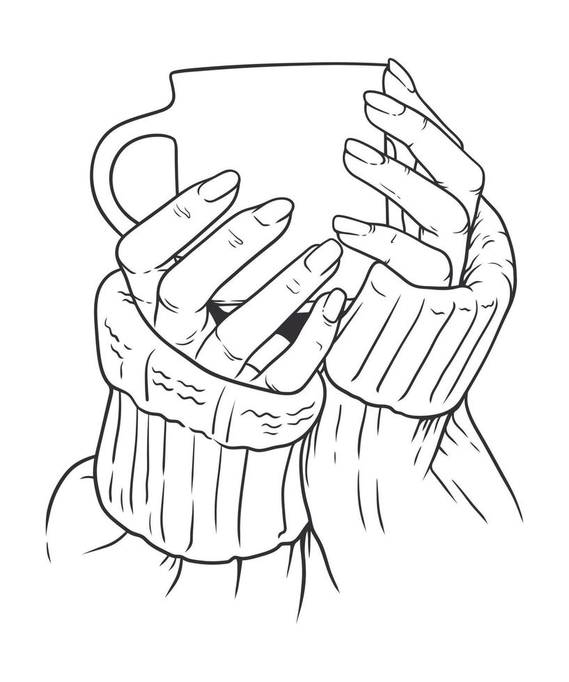 Vector illustration of woman's hands in sweater holding cup of coffee