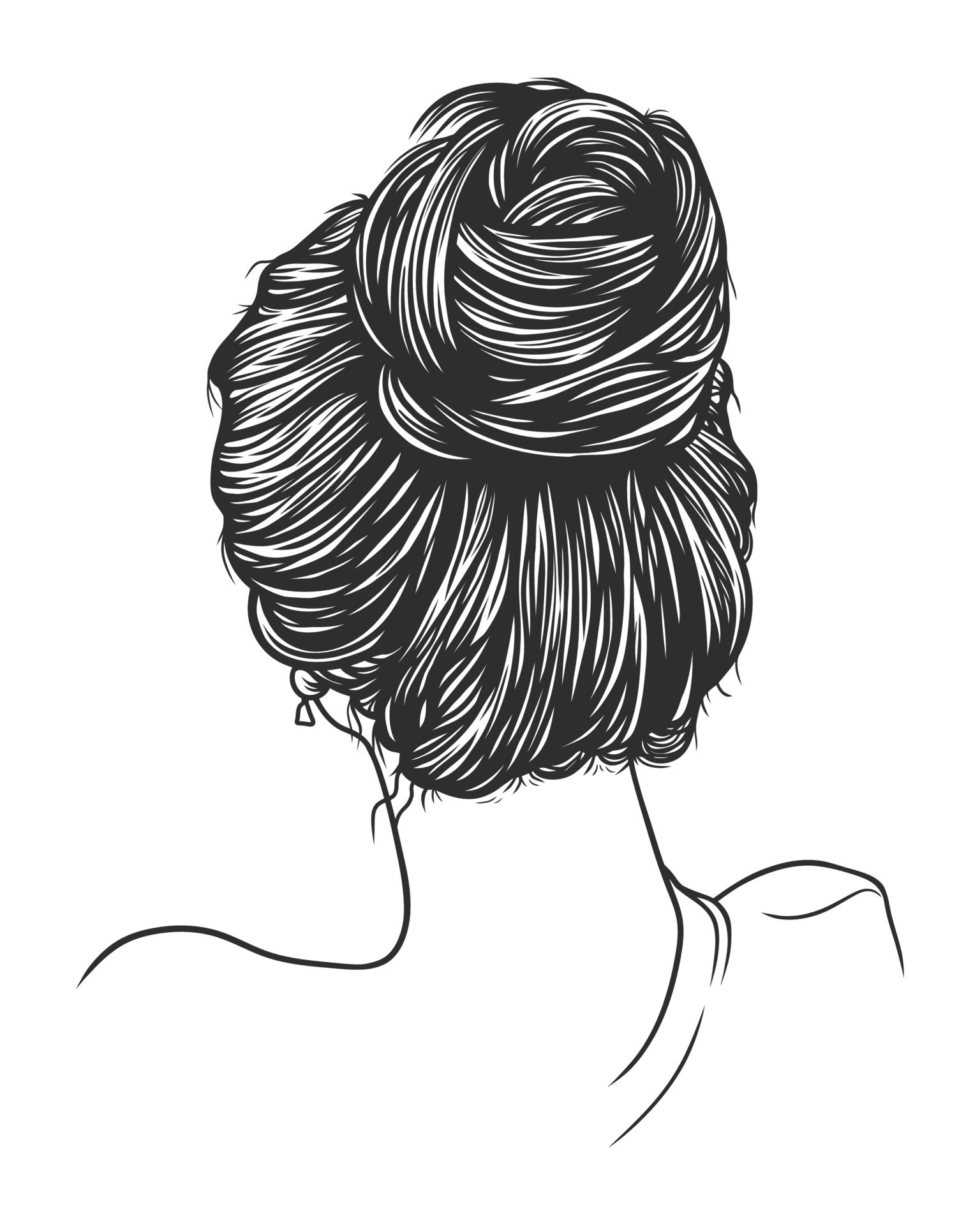 Head and shoulder back view of young woman with messy bun vector line