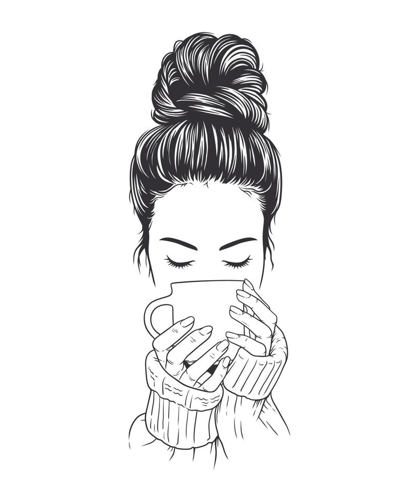 Beautiful woman in a sweater enjoying a cup of coffee. Vector line art illustration