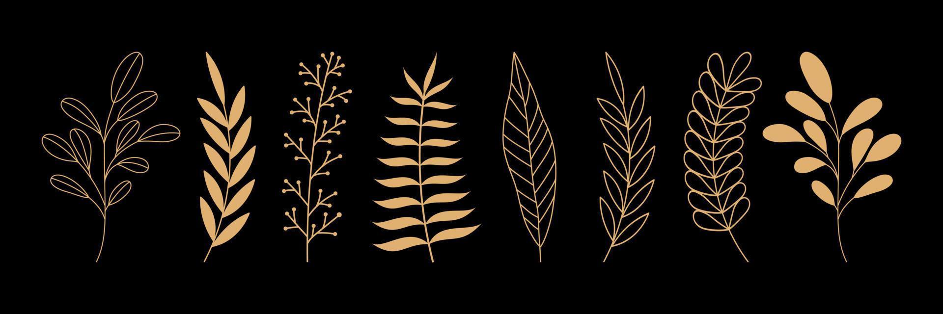 Hand drawn luxury golden leaves. Floral linear elements on black background. For print, poster, cover, banner, fabric, invitation. vector