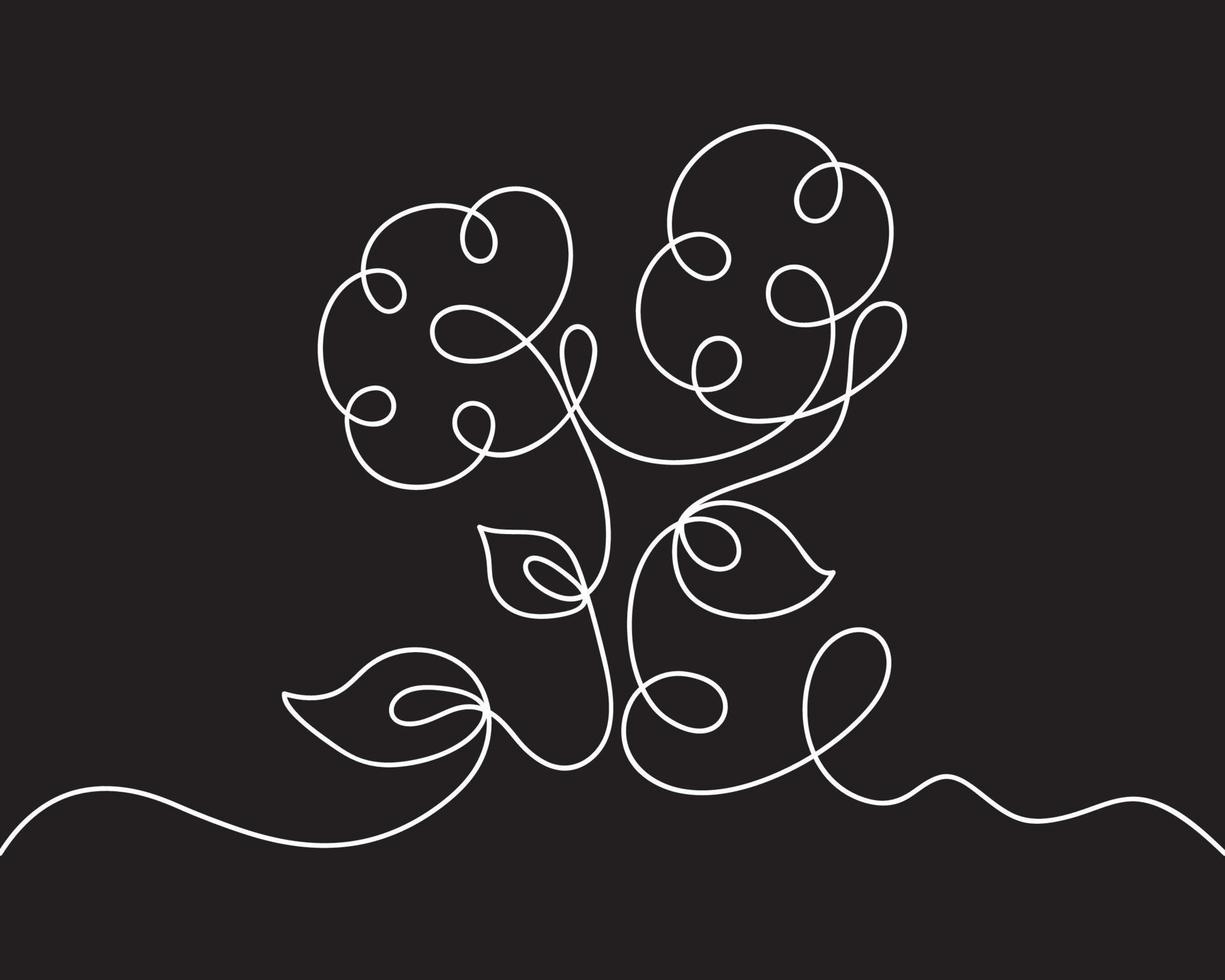 One line art vector illustration. Continuous one line drawing with flowers and leaves. Minimalistic black and white greeting card