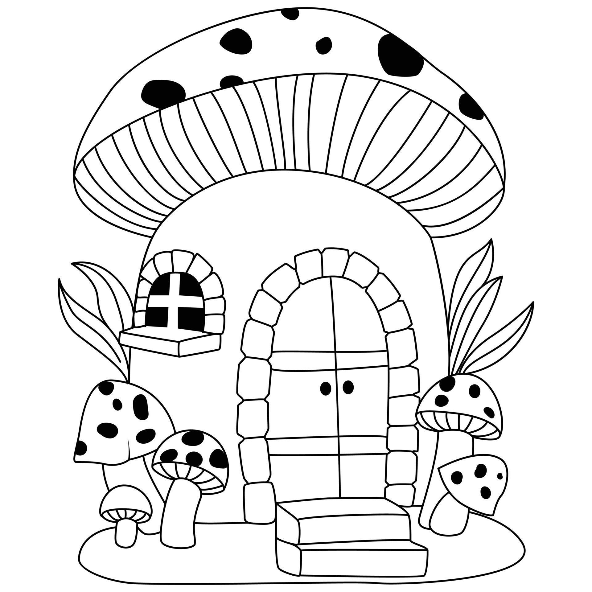 A cute mushroom house with leaves and little mushroom decorated outline