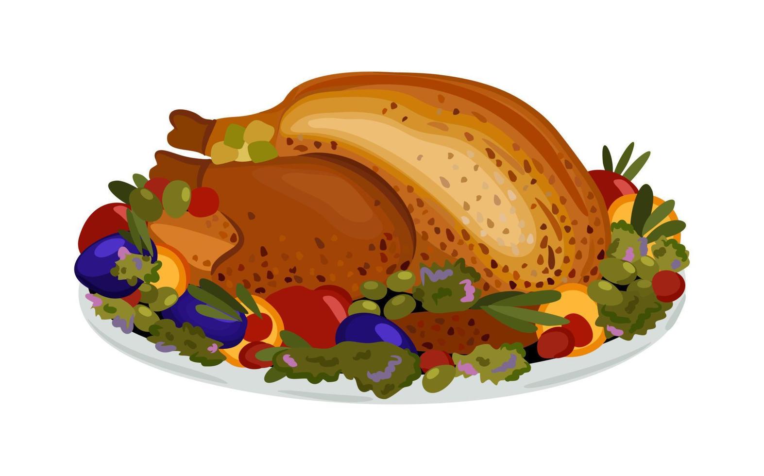 Vector isolated illustration of turkey with vegetables on a plate. Thanksgiving concept.