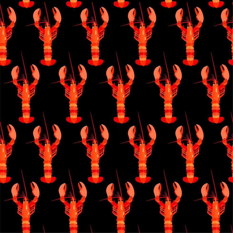 Vector seamless pattern with bright red lobsters on black background.