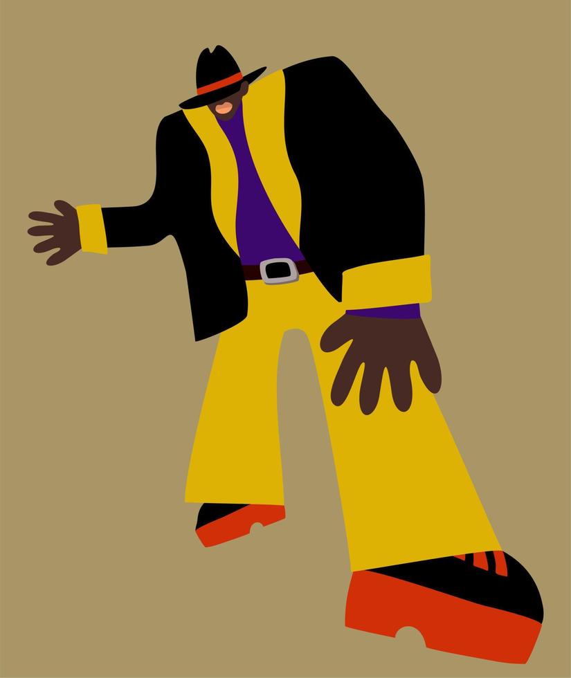 hombre negro guapo bailando con ropa brillante. vector illusblack apuesto bailarín con ropa brillante. ilustración vectorial sobre fondo beige. concepto de fiesta.