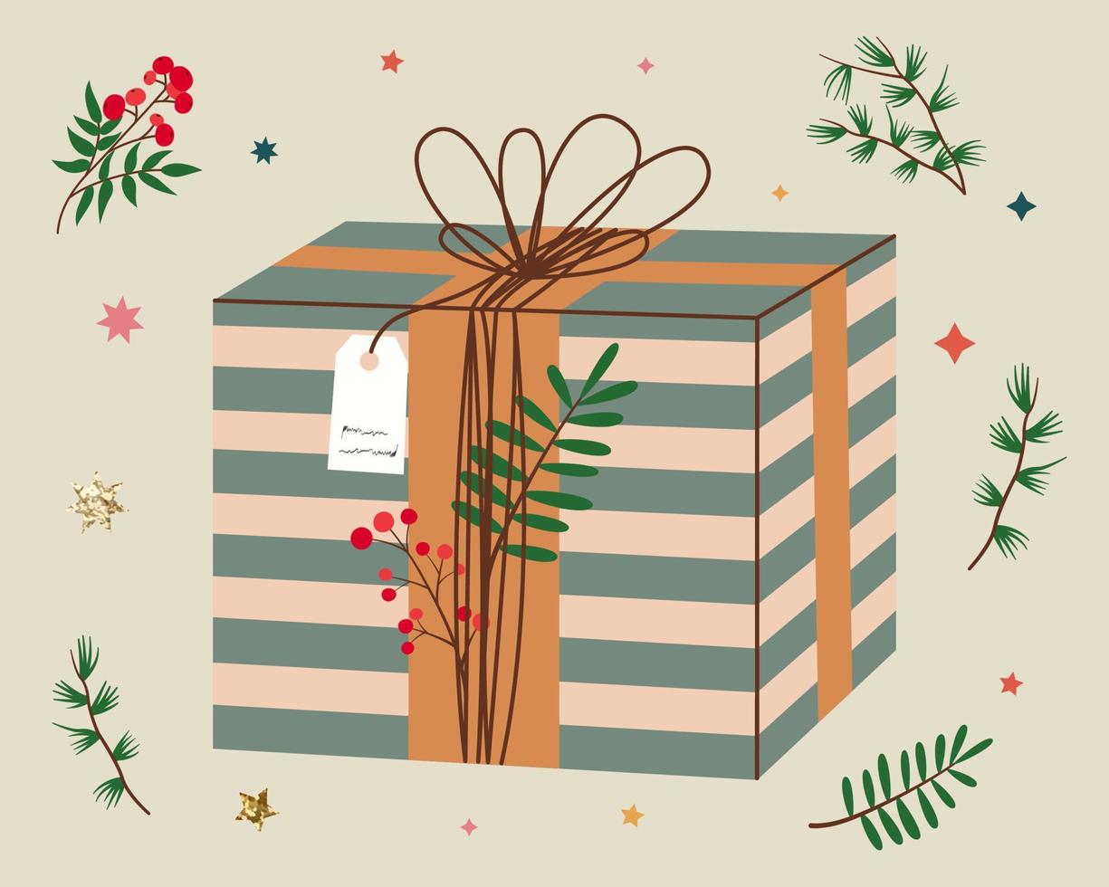 Christmas gift in kraft paper with tag and branches. Present box in craft wrapping paper with bow and branches. Colored flat vector illustration isolated on background.