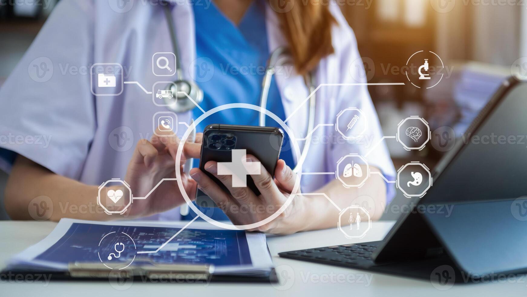 Medicine doctor using digital tablet and smartphone diagnose virtual